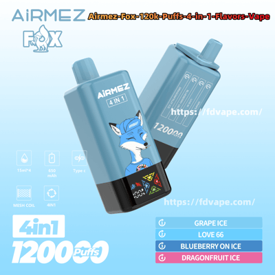 Two light-blue AiRMEZ Fox 4-in-1 disposable vape devices angled on a pale blue background, one showing a winking fox mascot and 4IN1 label and the other displaying technical icons, “120000 puffs” and a flavor list (Grape Ice, Love 66, Blueberry on Ice, Dragonfruit Ice).