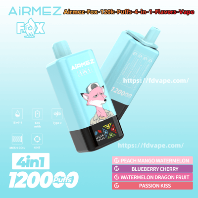 Two sky-blue AiRMEZ Fox 4-in-1 disposable vape devices with a pink cartoon fox illustration and black bases, showing product details and website URL, icons for 15 ml×4, 650 mAh, Type-C and mesh coil, and a visible flavor list: Peach Mango Watermelon; Blueberry Cherry; Watermelon Dragon Fruit; Passion Kiss, with large 4in1 1200 Puffs branding.