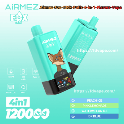 Two teal Airmez 4-in-1 disposable vape devices crossed against a teal background, one showing a fox character graphic and the 'Airmez 4 IN 1' label with icons for 15ml×4, 650 mAh and Type‑C, and a caption listing flavors Peach Ice, Pink Lemonade, Watermelon Ice and Dr Blue.