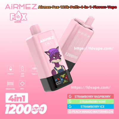 Two pink AiRMEZ Fox 4-in-1 rectangular vape devices, one showing a purple fox character on the front and the other tilted to reveal branding that advertises 4-in-1 and 120k puffs, with icons for 15ml×4, 650 mAh, Type‑C and mesh coil and a color-coded flavor list (Strawberry Raspberry, Strawberry Kiwi, Strawberry Ice, Peach Mango Watermelon).