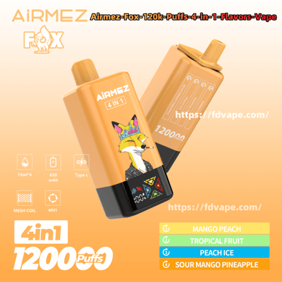 Two orange AiRMEZ Fox 4-in-1 disposable vape devices with a crowned fox logo, '4 IN 1' and '120000 puffs' branding, and a flavor list (Mango Peach, Tropical Fruit, Peach Ice, Sour Mango Pineapple) on a matching gradient background.