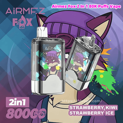 Two shiny Airmez Fox 2‑in‑1 vape devices pictured over a purple beanie‑wearing cartoon fox illustration, with text labels indicating 2in1 80,000 puffs and flavors Strawberry Kiwi and Strawberry Ice.