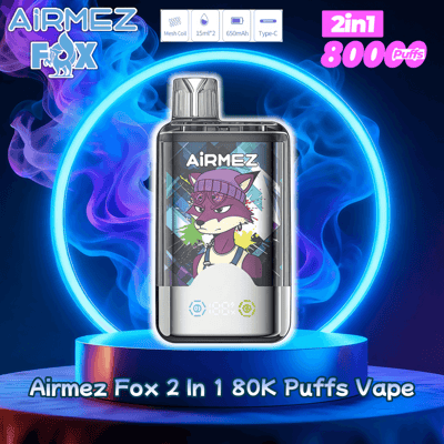 Shiny rectangular Airmez Fox vape device featuring a cartoon purple fox wearing a beanie on its front panel, displayed on a glowing blue neon-ring pedestal with brand text and a '2in1 800 puffs' label visible.