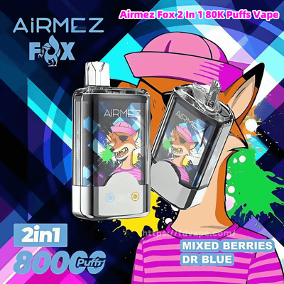 Colorful advertisement showing two Airmez Fox 2-in-1 vape devices with screens featuring a graffiti-style cartoon fox in a pink cap and striped shirt, set against a bright geometric and paint-splash background with the AiRMEZ FOX branding and small flavor labels.