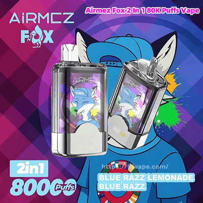 Colorful advertisement showing two reflective Airmez Fox 2‑in‑1 vape devices with screens featuring a cartoon blue fox wearing a backward cap, set against a purple geometric background with paint splashes and text reading 2in1, 800 puffs, and the flavors Blue Razz Lemonade / Blue Razz.
