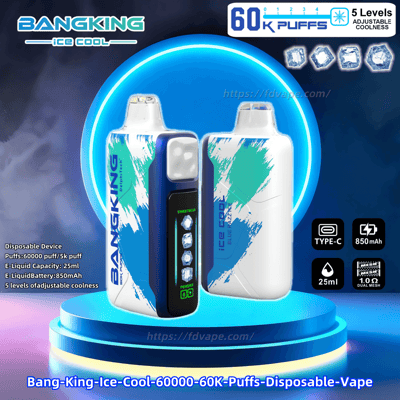 Two blue-and-white BangKing Ice Cool disposable vape devices shown on a glowing circular pedestal with a blue halo, accompanied by product text and icons indicating 60K puffs, 5 adjustable coolness levels, Type-C charging, 850mAh battery and 25ml capacity.