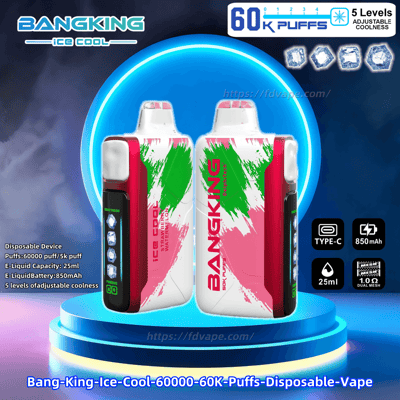 Due dispositivi di vapori di vaporizzazione usa e getta rosa, verde e bianca che si infilano mostrati su un podio circolare illuminato, circondato da etichette e icone che rilevano 60k sbuffi, 5 livelli di freddezza regolabili, carica di tipo C, batteria da 850 mAh e capacità e-liquid da 25 ml.
