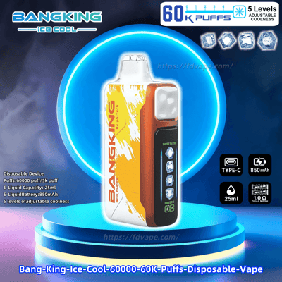 White, yellow and orange BangKing Ice Cool disposable vape device centered on a glowing blue circular pedestal with a neon halo, showing a black side control panel with ice icons and indicators and surrounded by text and icons advertising 60K puffs, 5 adjustable coolness levels, Type‑C charging, 850 mAh battery, 25 ml e-liquid and 1.0Ω dual mesh.