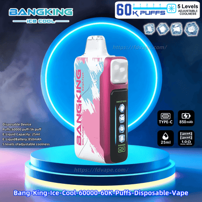 White and pink BangKing Ice Cool disposable vape device displayed upright on a glowing blue circular pedestal against a smoky dark-blue background, showing the BANGKING logo on the side and a front panel with 'SWEETNESS' label and ice-cube cooling indicators, with overlaid text and icons advertising 60K puffs, Type‑C charging, 850 mAh battery, 25 ml e-liquid and five adjustable coolness levels.