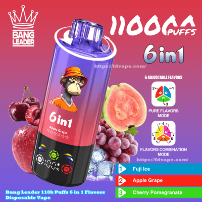 Vibrant ad for a Bang Leader disposable vape showing a purple-pink 6-in-1 device promoted as 1100 puffs, surrounded by apples, grapes, guava, cherries and ice with icons and a flavor list (Fuji Ice, Apple Grape, Cherry Pomegranate).