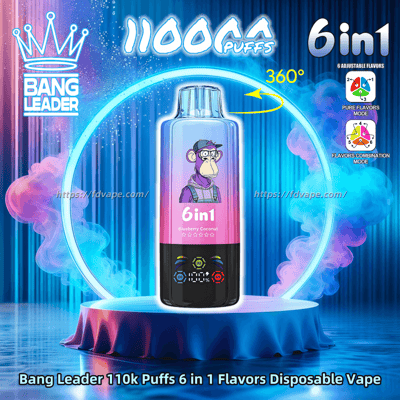 Colorful ad showing a Bang Leader disposable vape on a lit pedestal with a neon circular ring, labeled “6in1” and “Blueberry Coconut,” featuring a cartoon ape illustration on the device, large “1100 puffs” and “6in1” branding, a 360° arrow and flavor-mode icons amid swirling pink and blue vapor.
