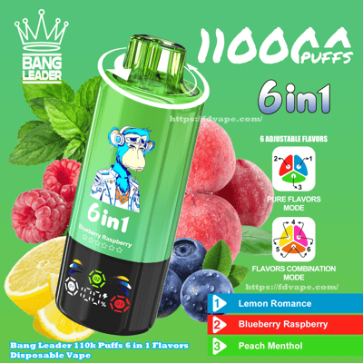 Green cylindrical disposable vape device labeled '6in1' with a blue cartoon ape wearing headphones and Bang Leader crown logo, shown against a bright green background with blueberries, raspberries, peaches, lemon slices and mint leaves and promotional text indicating 1100 puffs, six adjustable flavor modes and flavor icons.