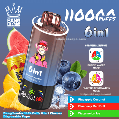 Advertising image of a Bang Leader 6-in-1 disposable vape device with cartoon monkey artwork and a rotating mouthpiece, labeled Blueberry Red Bull and 1100 puffs, surrounded by blueberries, pineapple, watermelon and an energy drink can, with icons showing adjustable flavor modes and a flavor list (Pineapple Coconut, Blueberry Red Bull, Watermelon Ice).