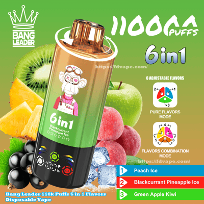 Metallic green-to-gold disposable vape device labeled “6in1” with a cartoon monkey emblem and flavor text, displayed against a green background with kiwi, pineapple, green apple, peach, blackcurrants and ice, plus a crown “Bang Leader” logo and text advertising 1100k puffs and six adjustable flavor modes.