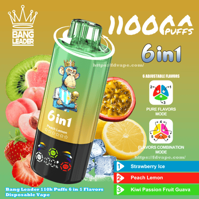 Advertisement showing a green Bang Leader 6-in-1 disposable vape decorated with a crowned cartoon monkey, surrounded by peach, kiwi, passion fruit, lemon, strawberry and ice cubes, with prominent text indicating 110k puffs, flavor icons and the 6in1 label.