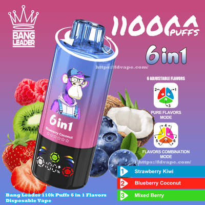 Advertisement for a Bang Leader 6-in-1 disposable vape featuring a blue-to-purple gradient device with a cartoon ape logo and '6in1 Blueberry Coconut' label, surrounded by strawberries, kiwi, raspberries, blueberries and coconut halves, with prominent text claiming a high puff count and icons showing six adjustable flavor modes.