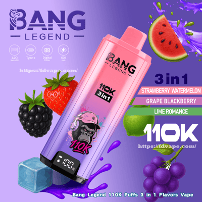 Appareil de vapotage jetable Bang Legend à dégradé rose à violet étiqueté 110K 3-en-1 avec un graphique de gorille portant un casque et un petit affichage numérique, entouré de fraises, de mûres, de raisins, d'une tranche de pastèque, d'un citron vert, d'un glaçon et d'éclaboussures de liquide violet avec un texte de marque et de saveur sur fond violet.