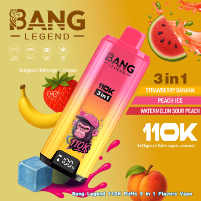 Dispositif de vape jetable à dégradé rose vif à jaune étiqueté " Bang Legend " et " 110K 3in1 " avec un chimpanzé de dessin animé dessus, présenté incliné parmi une fraise, une banane, une tranche de pastèque, une pêche, un glaçon et des éclaboussures de jus colorées, avec un texte annonçant trois saveurs (Fraise Banane, Pêche Glace, Pastèque Aigre-Pêche) et une URL de site Web.