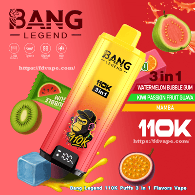 Vape jetable jaune vif à rouge étiquetée BANG LEGEND 110K 3 en 1 avec un logo de gorille de dessin animé, incliné sur un fond rouge et entouré d'illustrations de kiwi, de goyave, de fruit de la passion, de bonbons bubble-gum à la pastèque, d'un glaçon et de bannières de saveurs colorées.
