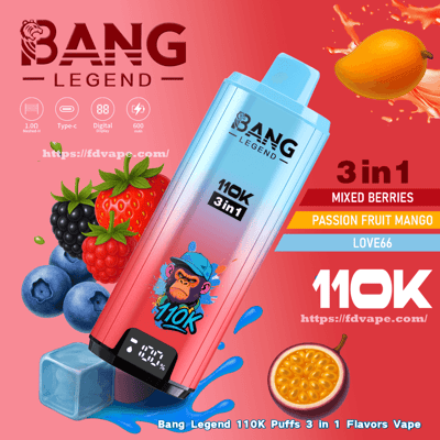 Image promotionnelle d'un appareil de vape jetable dégradé bleu à rose étiqueté BANG LEGEND 110K 3in1 avec un petit affichage numérique, situé parmi des baies mélangées illustrées, un fruit de la passion coupé en deux, un glaçon et des effets d'éclaboussure, ainsi qu'un texte répertoriant les saveurs de baies mélangées, de fruit de la passion et de mangue LOVE66.