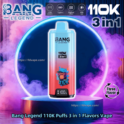 Image promotionnelle d'un vape jetable Bang Legend 110K 3-en-1 centrée sur un socle éclairé avec un fond circulaire au néon et une vapeur rose pourpre, montrant un corps dégradé bleu à rouge, le logo de la marque, l'étiquette ' 110K 3in1 ', un petit affichage numérique de la batterie, des icônes en haut indiquant la bobine en maille, la charge de type C, l'affichage numérique et 600 mAh, et une flèche circulaire ' Trois saveurs ' à droite.