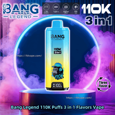 Grand appareil de vapotage jetable 3-en-1 Bang Legend 110K à dégradé bleu à jaune comportant un gorille portant une casquette et des écouteurs sur son corps et un petit affichage numérique de la batterie à la base, centré à l'intérieur d'un anneau néon avec un fond de vapeur violet-rose et des logos de produits environnants, des icônes de fonction (Type-C, affichage numérique, 600 mAh) et un graphique ' Trois saveurs '.