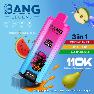 Appareil à vape jetable Bang Legend 110K dégradé rose à bleu avec un logo de gorille et un petit écran numérique étiqueté 110K 3in1, entouré d'images de pastèque, de pomme et de poire, d'un glaçon et de barres colorées nommant les saveurs Watermelon Ice, Apple Pear et Passionate Kiss.