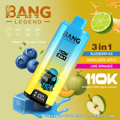 Graphique promotionnel lumineux montrant une vape jetable Bang Legend 110K dégradé bleu et jaune avec un logo de gorille et un affichage numérique, entouré de myrtilles, de citron vert, de cantaloup, de tranches de pomme, de glaçons et d'éclaboussures de jus, avec un texte mettant en évidence les saveurs 3-en-1 Blueberry Ice, Cantaloup Apple et Lime Romance.