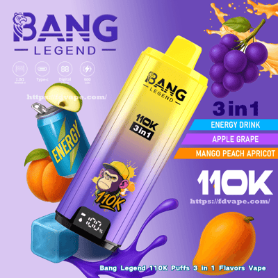Publicité colorée pour le vape jetable Bang Legend 110K montrant un appareil jaune à violet avec un logo de singe et un affichage numérique, sur un fond dégradé violet avec des images d'une canette de boisson énergisante, des raisins, de la mangue et de la pêche et un texte indiquant “ 3 en 1 ” et les saveurs Boisson énergisante, Pomme Raisin, Mangue Pêche Abricot.
