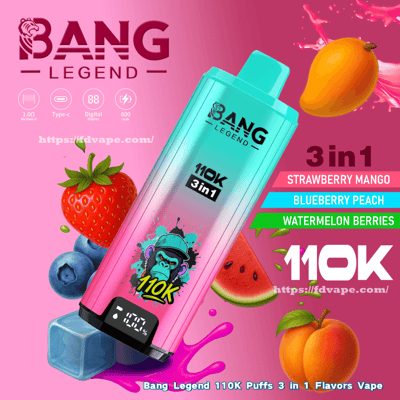 Appareil à vape jetable bleu sarcelle à rose étiqueté Bang Legend 110K 3in1 avec un graphique de gorille stylisé et un petit affichage numérique, entouré de fraises, de myrtilles, d'une mangue, d'une pêche, d'une tranche de pastèque, d'un glaçon et d'éclaboussures de jus colorées sur un fond rose avec un texte répertoriant la fraise, la mangue, la myrtille et la pêche et les baies de pastèque.