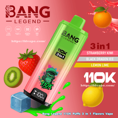 Appareil de vape jetable dégradé vert à rose étiqueté " Bang Legend 110K 3in1 " avec un logo de gorille et un petit compteur de bouffées numérique, entouré de fraise, de kiwi, de citron et d'orange, d'un glaçon et d'une touche de jus vert, avec une liste latérale de saveurs (Fraise Kiwi, Black Dragon Ice, Lemon Lime) sur fond rose.