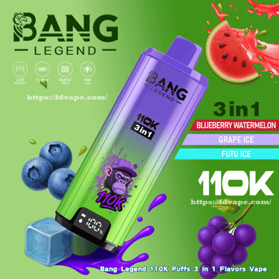 Image promotionnelle d'un vape jetable Bang Legend dégradé violet à vert étiqueté " 110K 3in1 " sur un fond vert et entouré de myrtilles, d'une tranche de pastèque, de raisins, d'un glaçon et de bandes colorées répertoriant les saveurs Blueberry Watermelon, Grape Ice et Futu Ice.