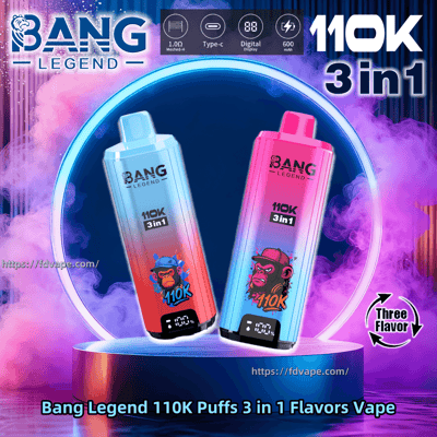 Deux appareils de vape jetables Bang Legend 110K 3-en-1 dégradés de bleu et de rose avec des graphismes de singe et de petits écrans numériques placés à l'intérieur d'un anneau de néon lumineux sur fond de fumée rose-violet, entourés d'un texte de marque et d'une étiquette ' Trois saveurs '.