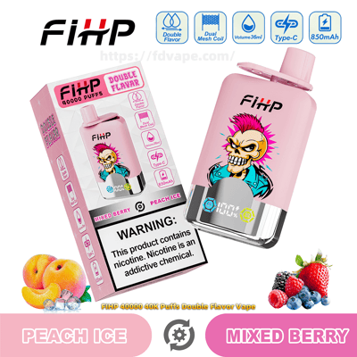 Pink FIHP double-flavor disposable vape and matching box featuring a punk skull graphic, digital battery display and icons for 40,000 puffs, dual-mesh coil, Type-C charging and 850mAh, labeled Peach Ice and Mixed Berry with a nicotine warning and fruit-and-ice imagery