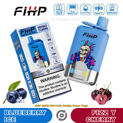 Blue FIHP disposable vape device and matching box labeled 40,000 puffs and Double Flavor, featuring a colorful punk skull graphic, flavor names Blueberry Ice and Fizz y Cherry, feature icons (dual mesh coil, 36ml volume, Type‑C, 850mAh), a nicotine warning label, and small blueberry and cherry fruit images.