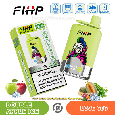 A lime-green FIHP disposable vape and matching box showing a punk-skull graphic, '40,000 puffs' and 'Double Apple Ice / Love 666' branding, fruit and ice illustrations, and a bold nicotine-warning label.