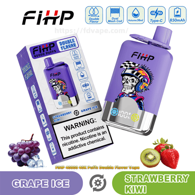 Purple FIHP disposable vape and its packaging showing a colorful skull-in-helmet graphic, '40,000 puffs' and 'Double Flavor' labels for Grape Ice and Strawberry Kiwi, a nicotine warning box, small fruit images (grapes, kiwi, strawberry) and technical icons (dual mesh coil, 36 ml, Type-C, 850 mAh).