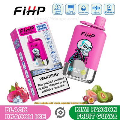 Bright pink FiHP disposable vape device with a skull graphic shown beside its matching box displaying a nicotine warning, feature icons (double flavor, dual mesh coil, 36ml, Type‑C, 850mAh) and labels for Black Dragon Ice and Kiwi Passion Fruit Guava, with dragon fruit, kiwi and passion fruit imagery.