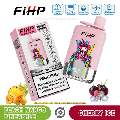 Pink FIHP disposable vape and matching pink box shown at angles with punk skull artwork, labels for 40,000 puffs and double flavors (Peach Mango Pineapple and Cherry Ice), icons for dual mesh coil, 36 ml, Type‑C, 850 mAh, a visible nicotine addiction warning on the box, and accompanying fruit images (pineapple, peaches/mangoes and cherries with ice).