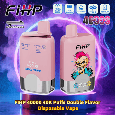 Two pink FIHP disposable vape devices on a neon purple smoky pedestal, labelled "40000 puffs double flavor" with flavor tags (Peach Ice and Mixed Berry), one device showing a cartoon skull with a pink mohawk and icons for double flavor, dual mesh coil, 36 ml volume, Type‑C charging, and 850 mAh.
