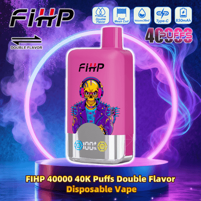 Bright pink FIHP disposable vape with a silver base and digital indicators, decorated with a colorful illustrated figure wearing headphones and a spiked jacket, displayed on a glowing purple pedestal inside a neon circular light ring, with icons across the top indicating double flavor, dual mesh coil, 36ml volume, Type‑C charging and 850mAh, and bold text advertising FIHP 40000 40K Puffs Double Flavor Disposable Vape.