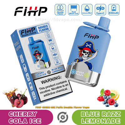 Blue FiHP disposable vape and its box featuring a pirate-skeleton graphic, labeled Double Flavor with Cherry Cola Ice and Blue Razz Lemonade, showing icons for 40,000 puffs, dual mesh coil, 36ml volume, Type‑C charging and 850mAh battery plus a nicotine warning.