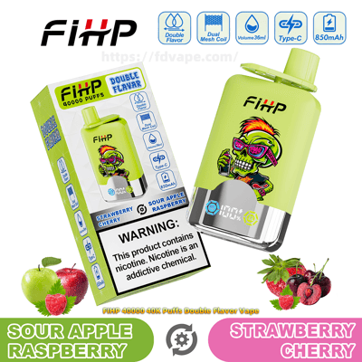 Lime-green FIHP disposable vape and its box featuring a colorful skull-with-sunglasses graphic, flavor badges reading Sour Apple Raspberry and Strawberry Cherry, 40,000-puff claim, feature icons (dual mesh coil, Type-C, 850mAh, 36ml) fruit images and a nicotine warning.