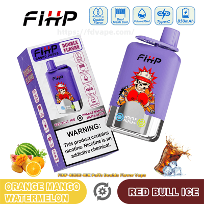 Purple FIHP disposable vape device and matching box labeled "FIHP 40000 puffs Double Flavor" featuring a cartoon skull with red boxing gloves, flavor names Orange Mango Watermelon and Red Bull Ice, a nicotine warning panel, icons for dual mesh coil, 36ml volume, Type‑C and 850mAh, plus small illustrations of sliced orange, mango, watermelon and a splashing cola with ice.