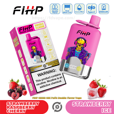 Pink FIHP disposable vape device and matching box labeled 40,000 puffs and double flavor, featuring a colorful punk-style character with headphones, flavor callouts for strawberry, raspberry and cherry with ice, product icons for double flavor, dual mesh coil, 36 ml volume, Type-C and 850 mAh, and a prominent nicotine warning label.