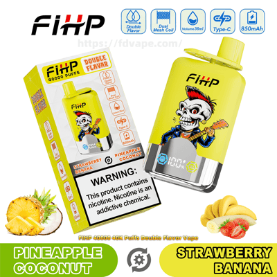 Yellow FIHP disposable vape and matching box labeled "40,000 puffs" and "Double Flavor" showing pineapple-coconut and strawberry-banana options, featuring a skull-with-guitar graphic, product icons for dual mesh coil, Type-C and 850mAh, fruit illustrations, and a nicotine-warning label.