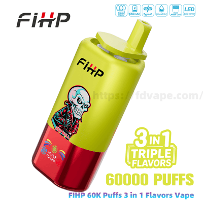 Vape jetable FiHP vert lime et rouge vif avec un embout supérieur, un autocollant tête de mort sur le devant, un texte visible ' 3 en 1 Triple Flavors ' et ' 60000 PUFFS ' et de petites icônes de fonctionnalité.