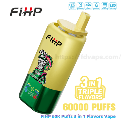 Dispositif de vape jetable FIHP jaune et vert avec un graphisme de crâne de course et un embout supérieur, annoncé comme triple saveurs 3 en 1 et 60 000 bouffées
