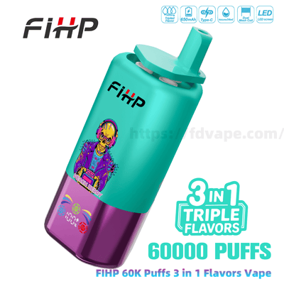 Appareil à vapoter jetable FIHP turquoise et violet avec embout buccal incliné, logo FIHP bien visible et illustration colorée d'un crâne avec casque, présenté à côté du texte promotionnel ' 3 en 1 Triple Flavors 60000 Puffs '.