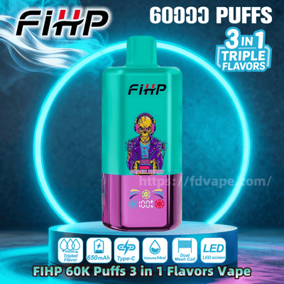 Vape jetable FIHP 60K bleu sarcelle et violet affichée sur un socle lumineux avec le texte ' 60 000 PUFFS ' et ' 3 in 1 TRIPLE FLAVORS ', un personnage stylisé portant des écouteurs sur l'appareil et des icônes pour une saveur triplée, une batterie de 650 mAh, une charge de type C, un volume de 54 ml, une bobine à double maille et un écran LED.